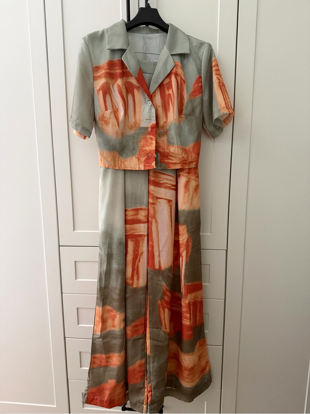 Abstract Coral & Sage Pants and Crop top Resort Style Set